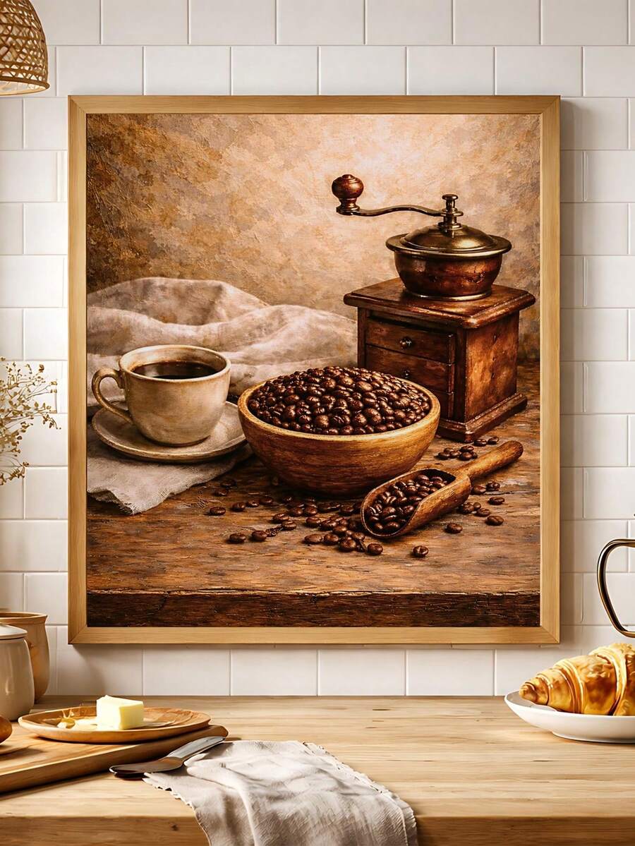 Vintage coffee grinder and cup still life in ornate bronze frame