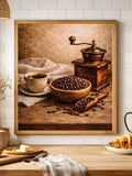 Coffee grinder canvas in light wood frame above a kitchen counter