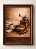 Coffee still life print in dark brown frame against a neutral wall