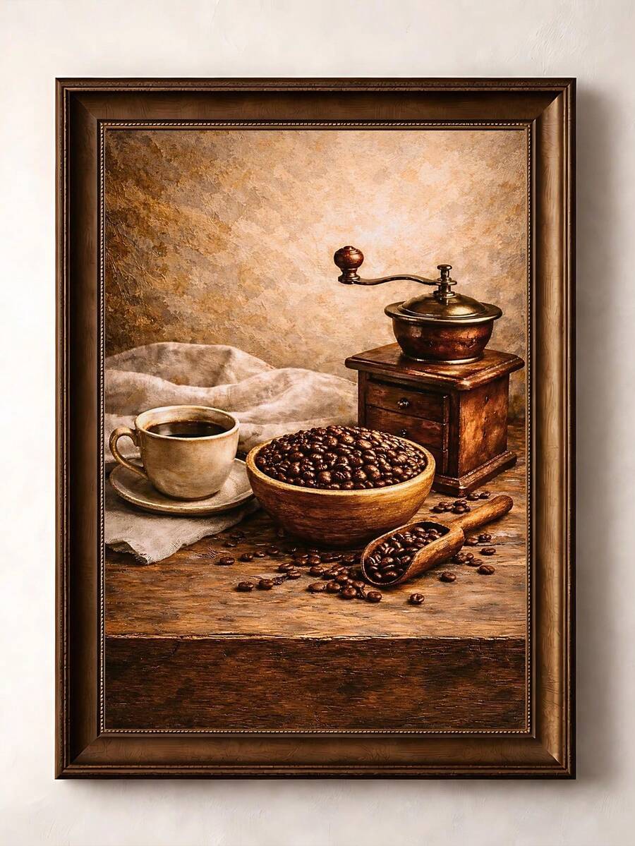Coffee still life print in dark brown frame against a neutral wall