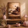 Framed coffee grinder artwork styled with lantern and autumn pumpkin