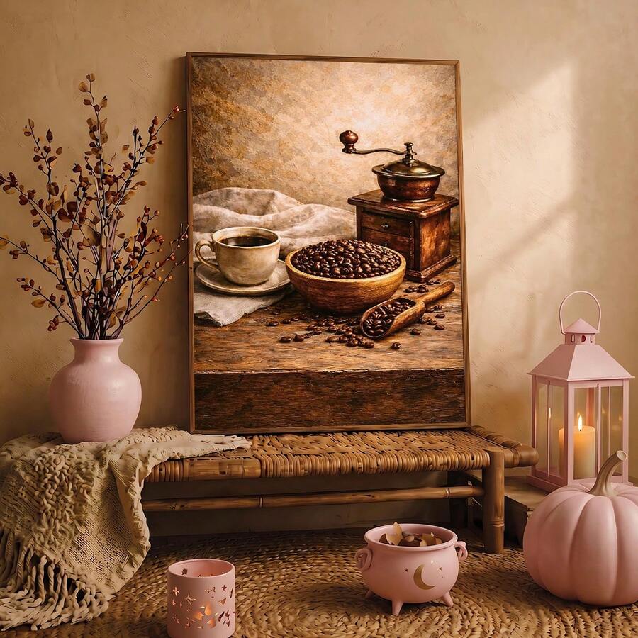 Framed coffee grinder artwork styled with lantern and autumn pumpkin