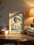Retro full moon and wildflower poster styled in a warm reading nook