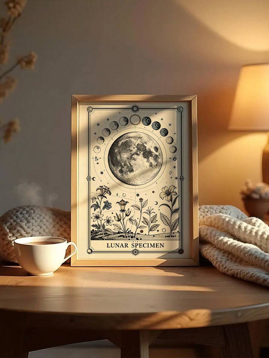 Retro full moon and wildflower poster styled in a warm reading nook