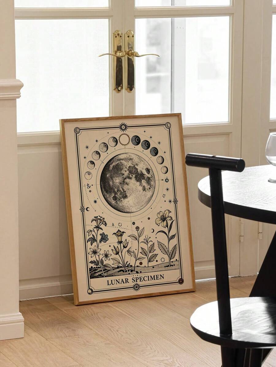 Vintage celestial botanical art leaning beside a bright dining area