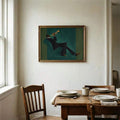 Ornate framed trumpet player artwork above a rustic dining table near a window