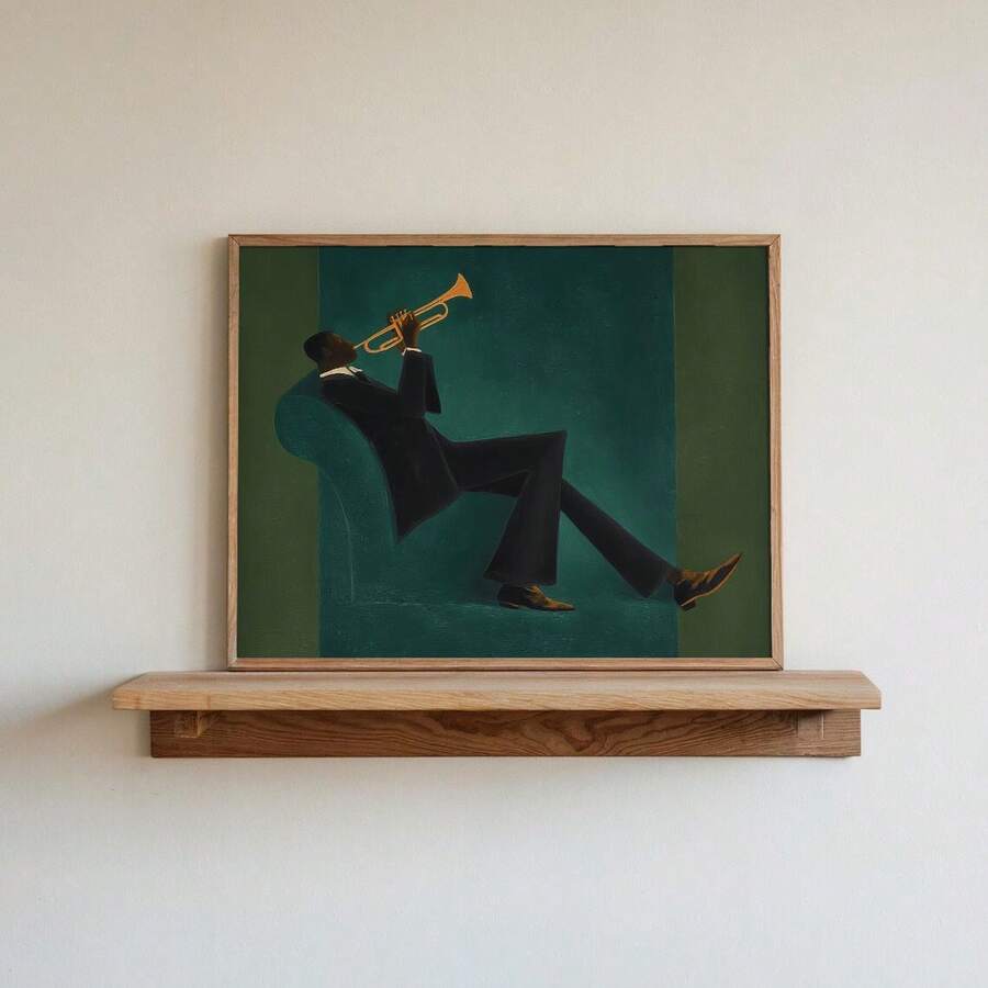 Light wood framed green jazz canvas print displayed on a minimal wall shelf