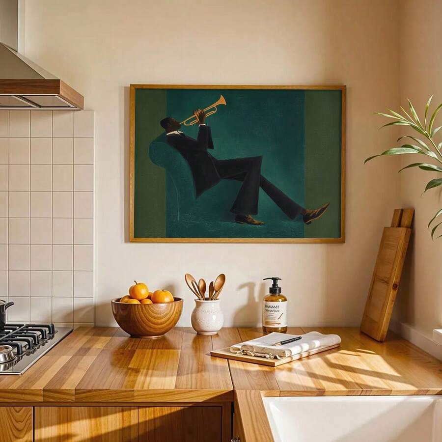 Framed green trumpet player canvas art above a dining table with red tulips