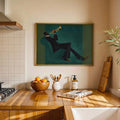 Jazz musician wall print above a kitchen counter with oranges and wood accents