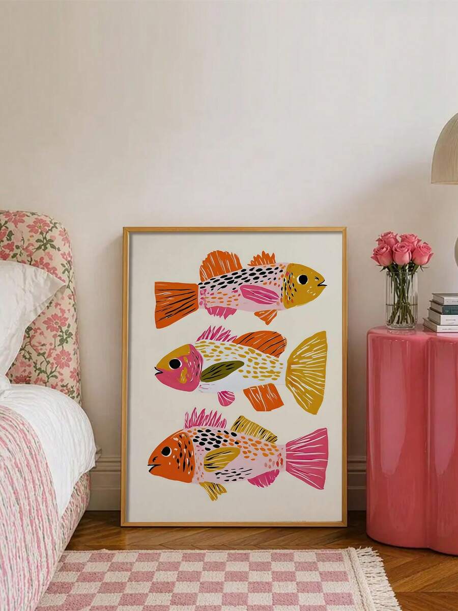 Framed whimsical fish canvas print beside a floral bed and pink nightstand