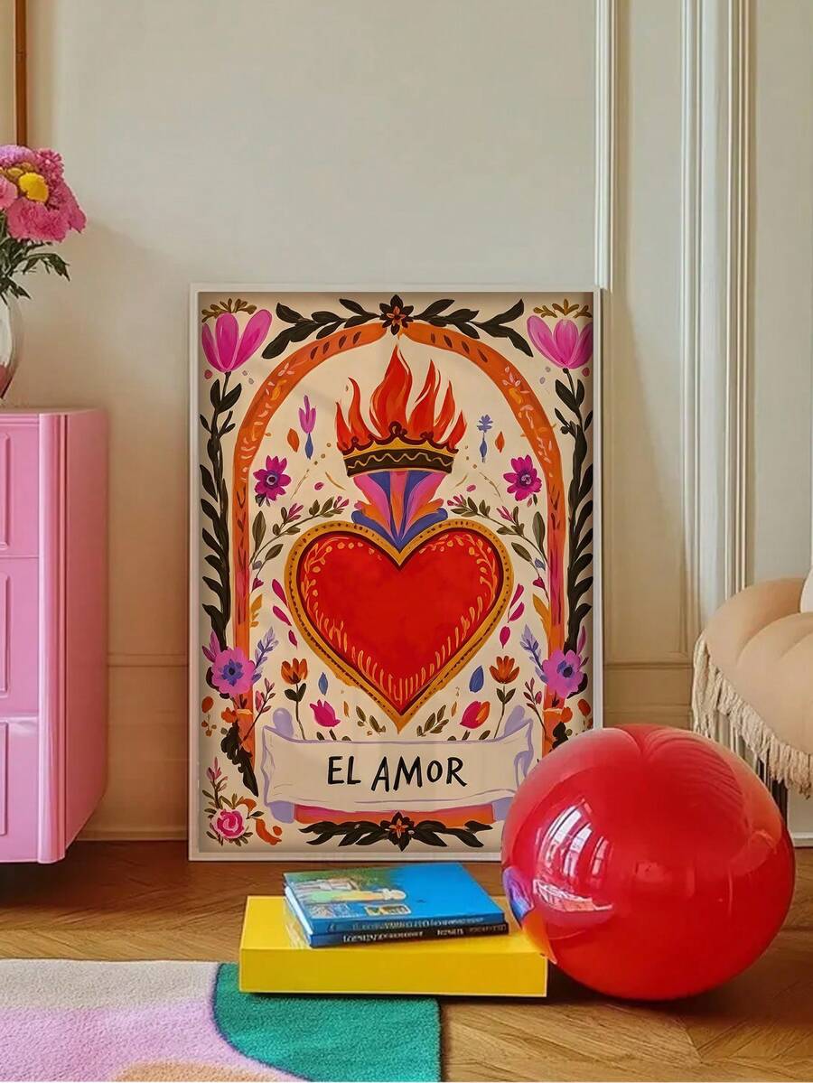 Colorful EL AMOR sacred heart inspired wall art beside a pink cabinet and flowers