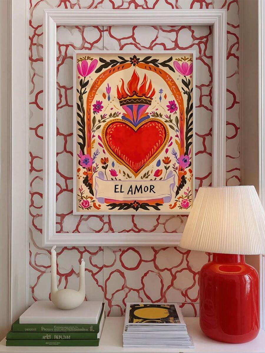 EL AMOR flaming heart folk art above a turquoise floral cabinet with colorful decor