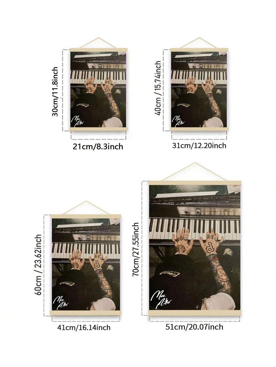 Size guide showing a piano artwork poster in four canvas dimensions