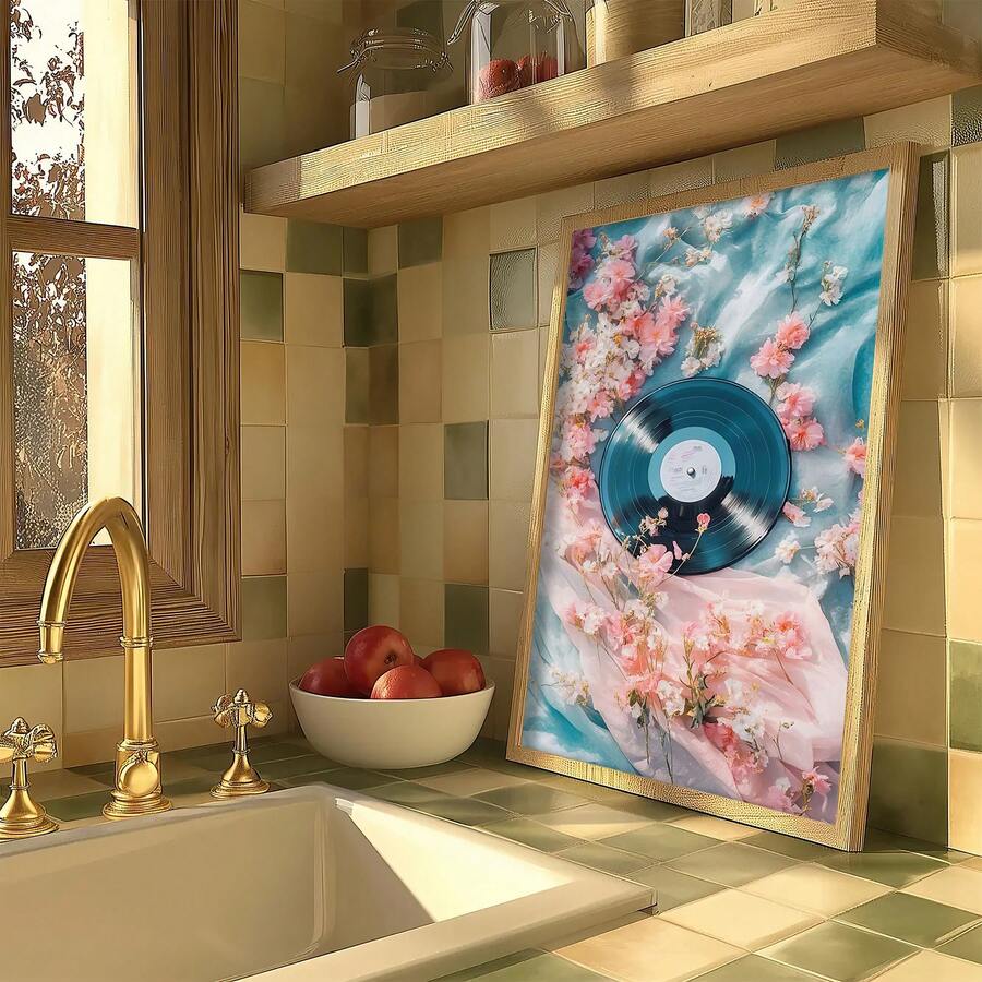 Oil painting style vinyl record and blossom wall art