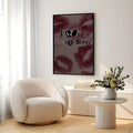 Lipstick print wall art mounted in a minimalist living room