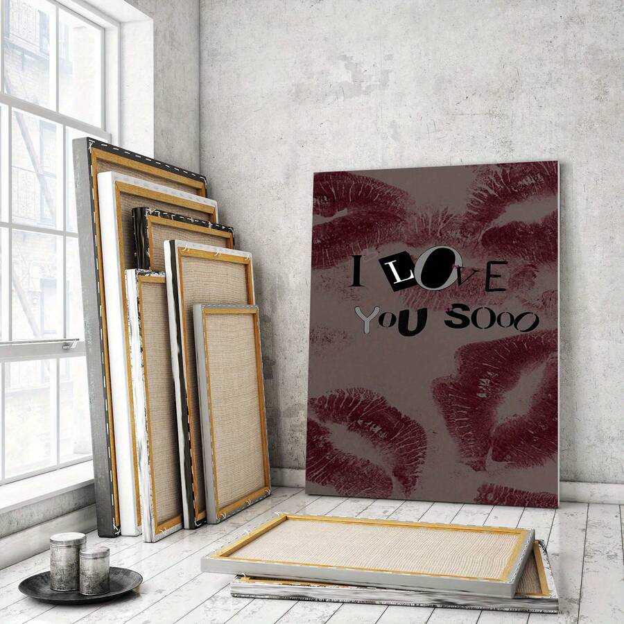 Unframed romantic lipstick canvas poster in an artist studio