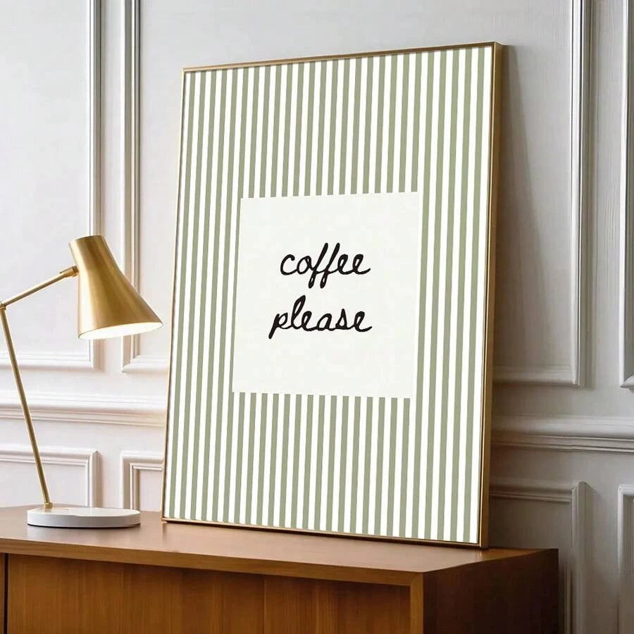 Framed coffee please striped wall print leaning by a doorway and stacked books