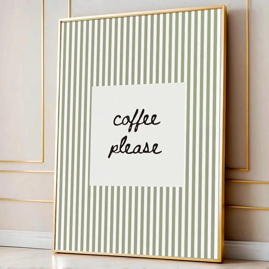 Close view of gold-tone framed coffee please wall print with cream stripes