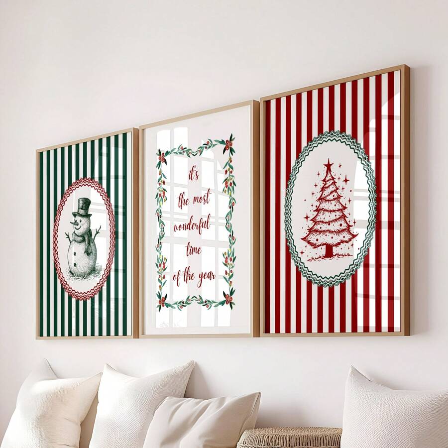 Three-piece snowman tree and holiday quote canvas wall art set