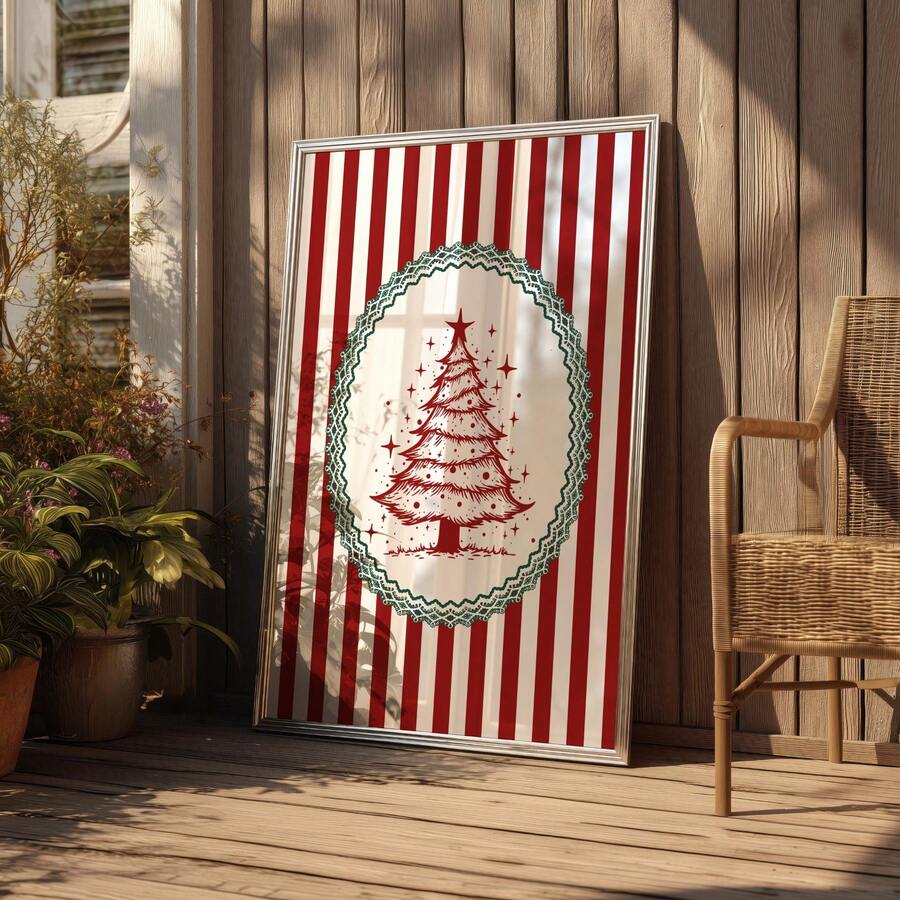 Striped Christmas tree canvas print in an outdoor holiday setting
