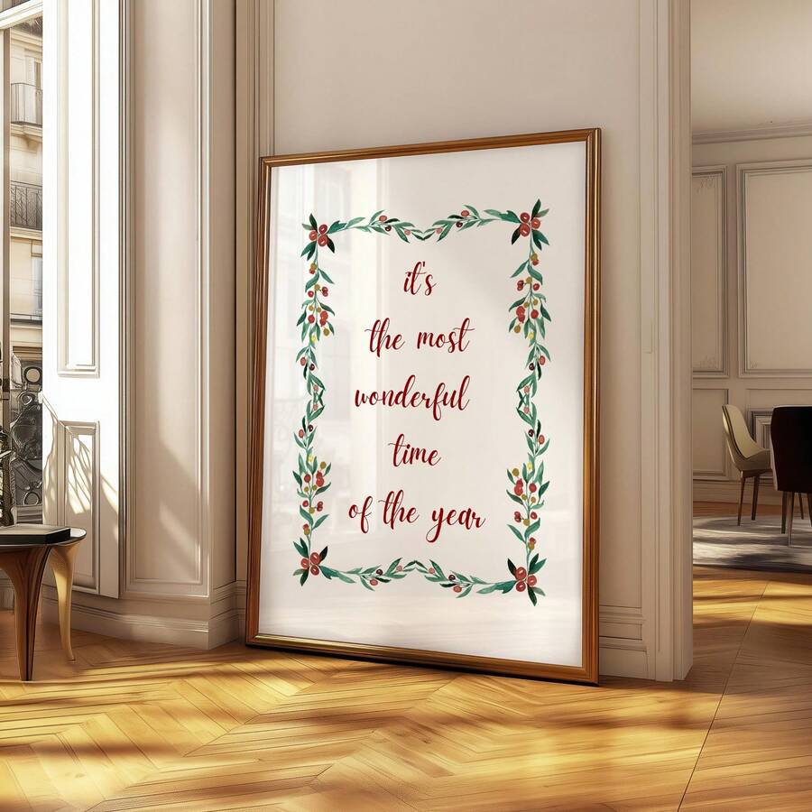 Holiday quote wall art with holly border in an elegant room