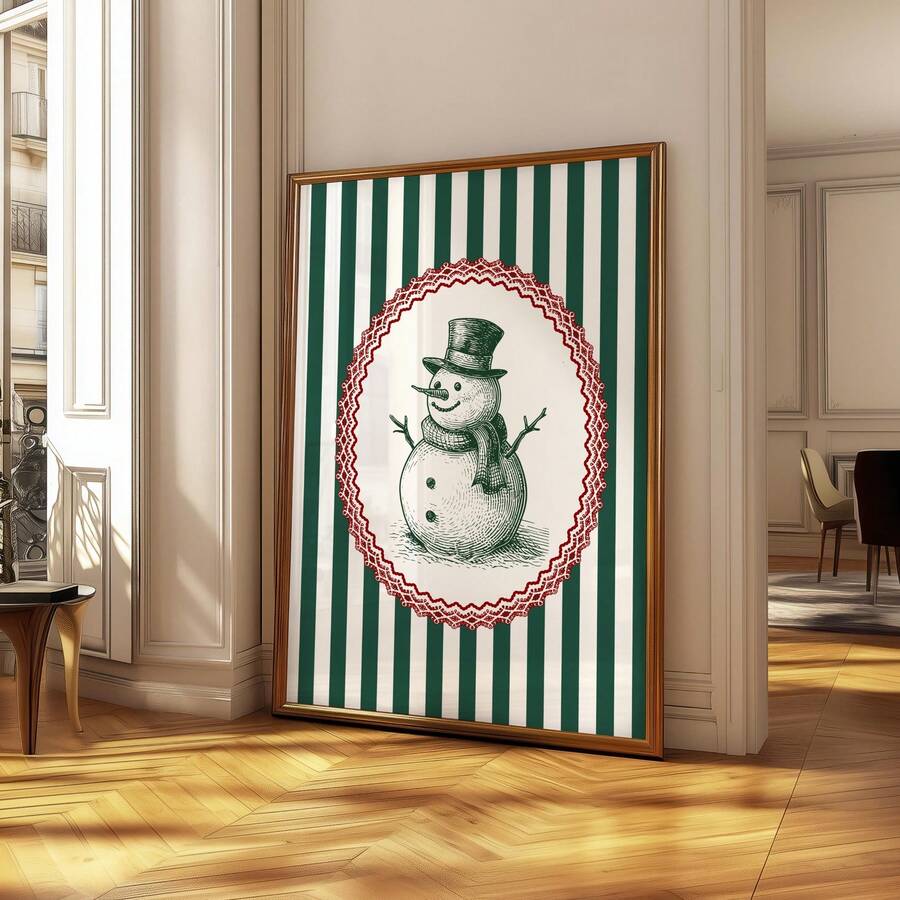 Vintage striped snowman canvas print with top hat and scarf