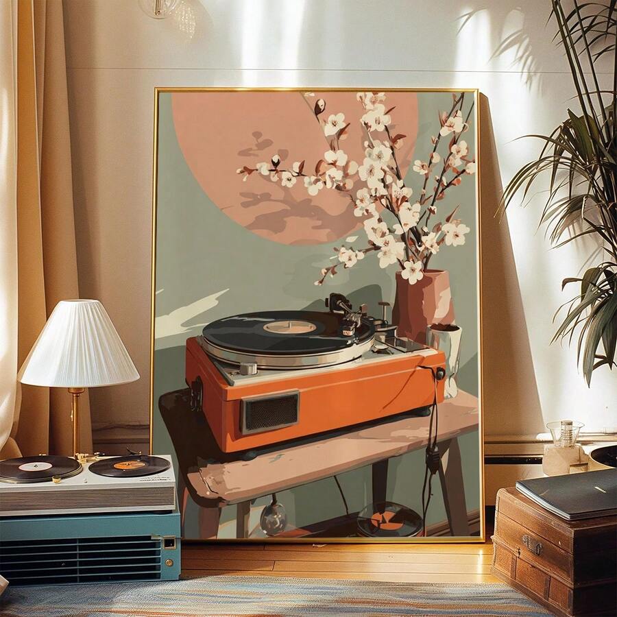 Orange vinyl record player cherry blossom canvas poster