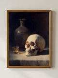 Dark academia still life with skull and amber whiskey