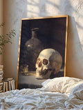 Vintage gothic poster above a console with books and candles