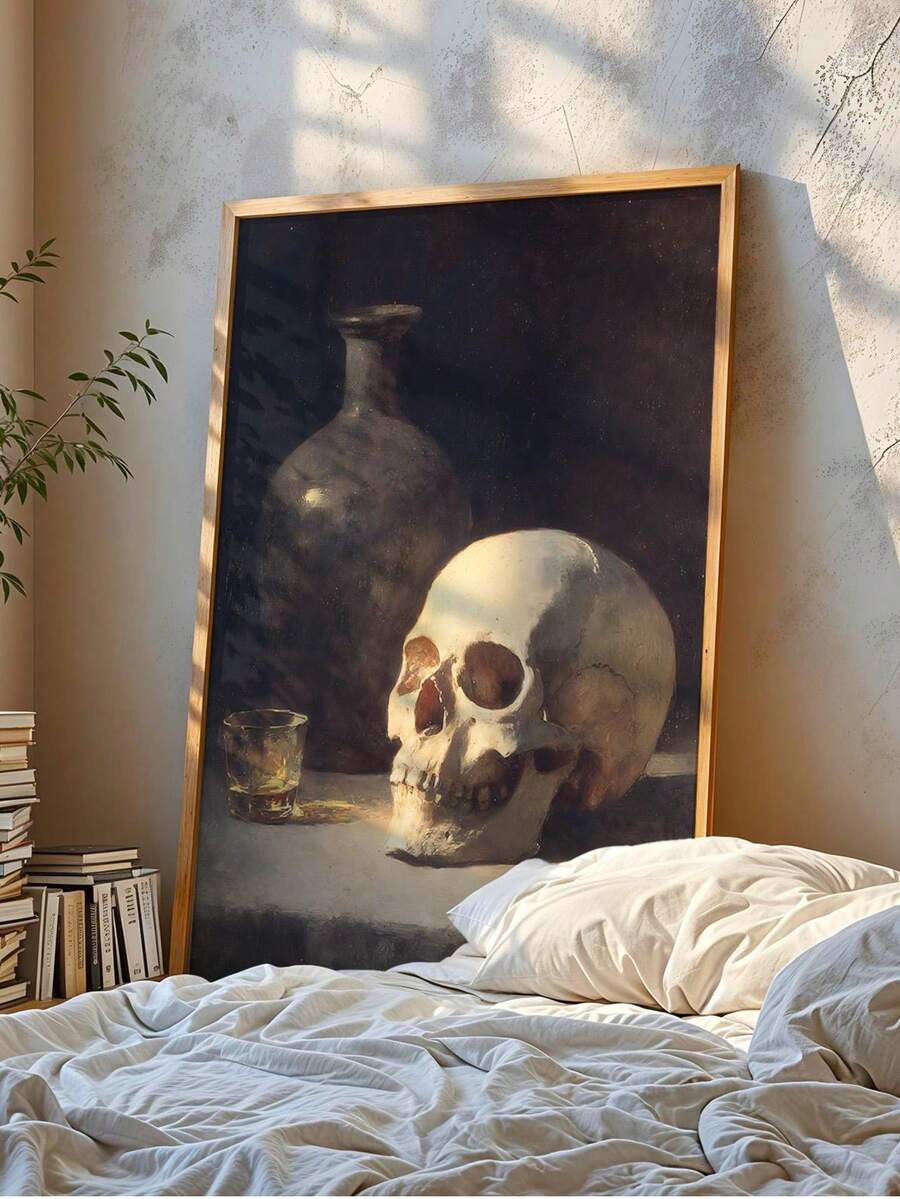 Vintage gothic poster above a console with books and candles