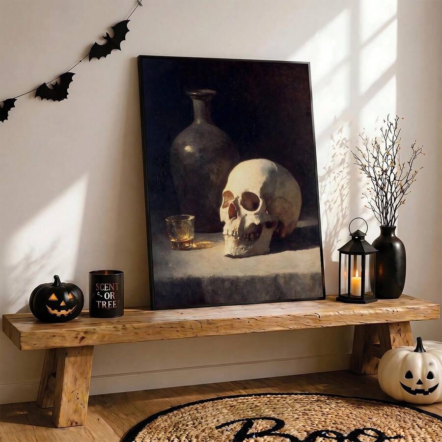 Vanitas canvas decor with bottle tumbler and skull