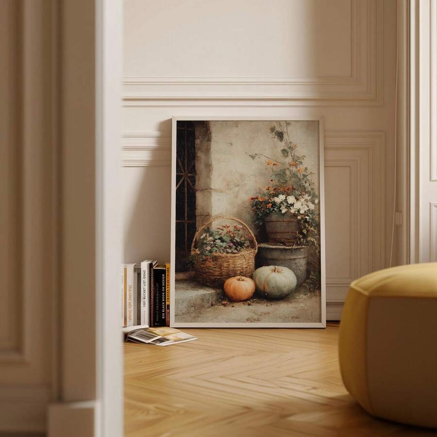 Framed rustic pumpkin still life leaning beside books in a paneled room