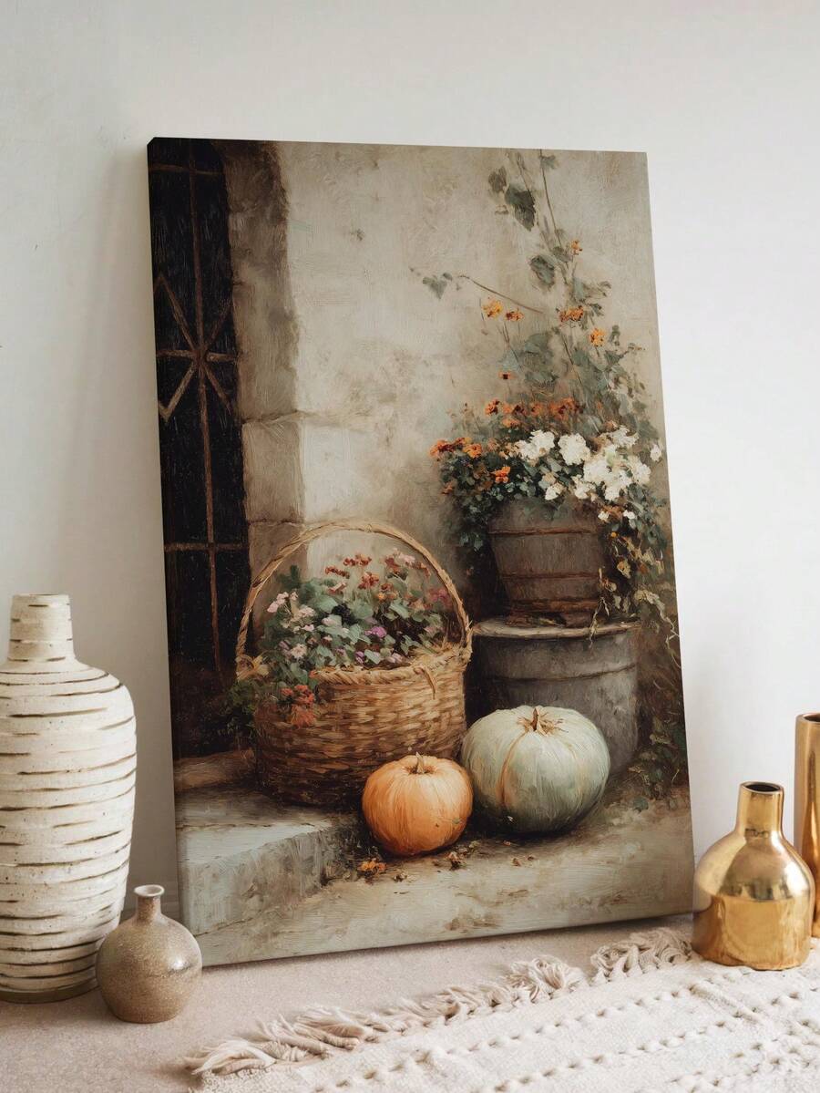 Unframed floral pumpkin canvas leaning beside neutral ceramic vases