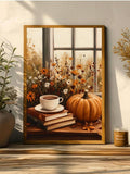 Painterly pumpkin poster styled on a warm mantel