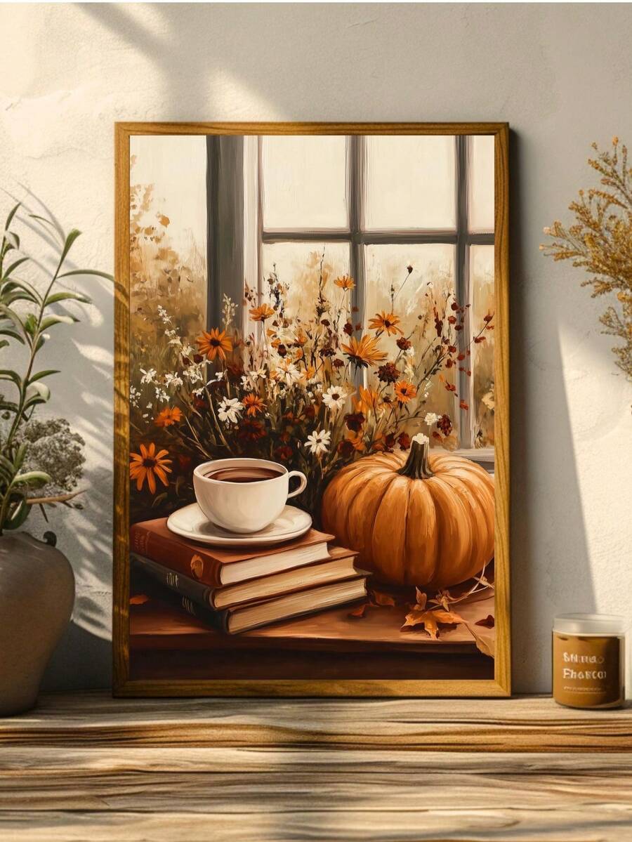 Painterly pumpkin poster styled on a warm mantel