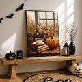 Cozy autumn wall art with pumpkin books and coffee