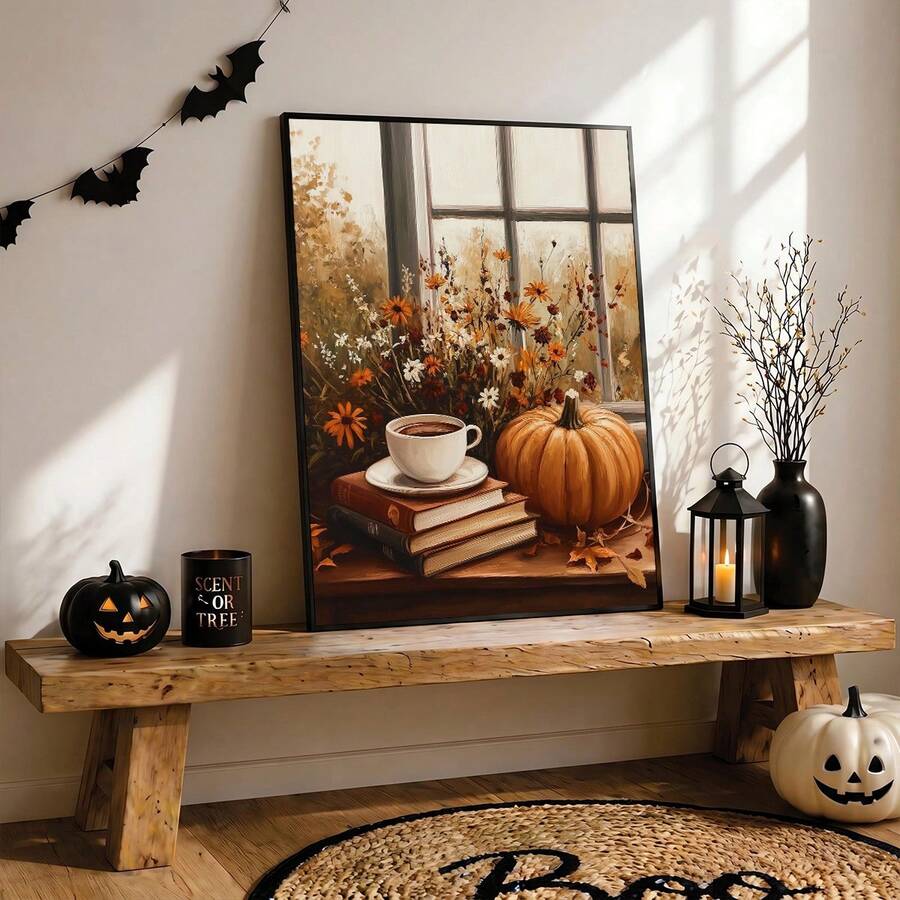 Cozy autumn wall art with pumpkin books and coffee