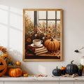 Autumn still life canvas decor with pumpkins and bat decoration