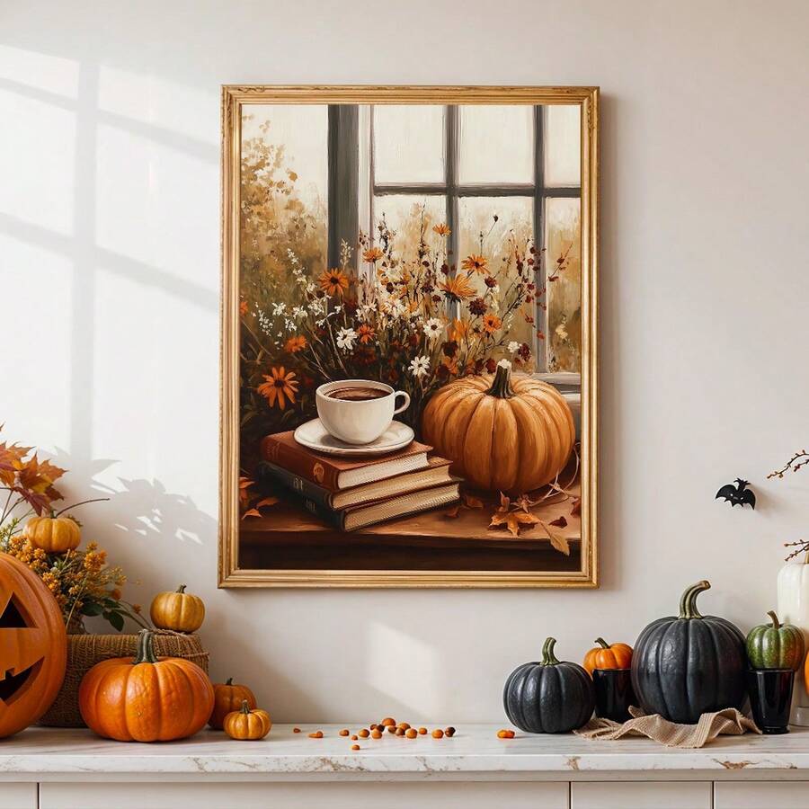 Autumn still life canvas decor with pumpkins and bat decoration