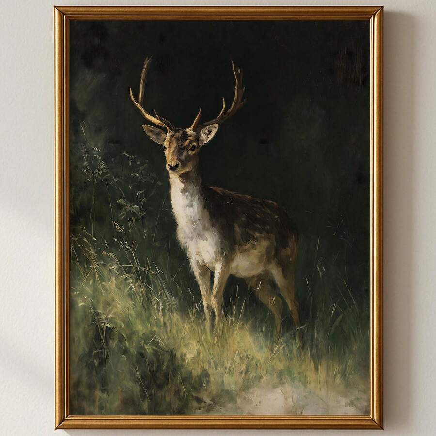 Antlered stag woodland wall art in deep green and brown tones