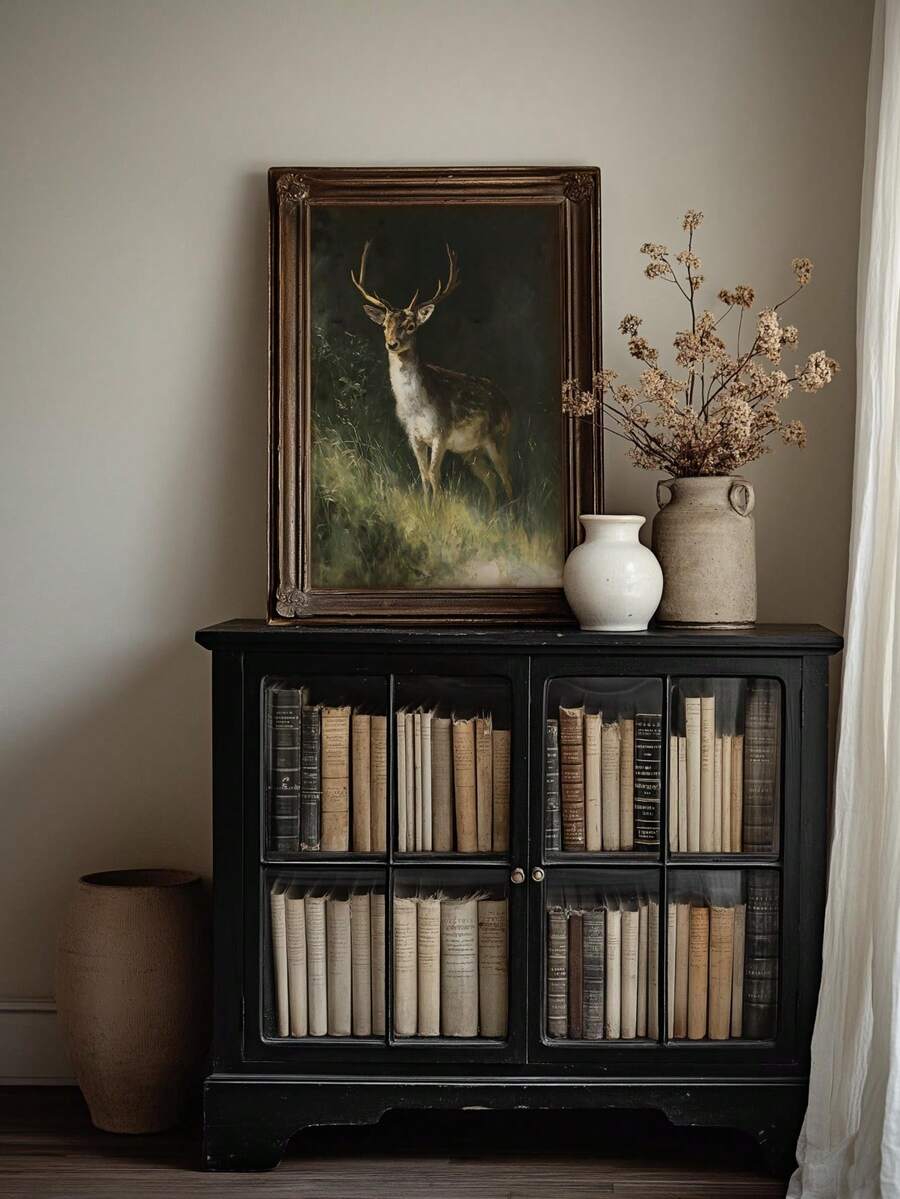 Realistic stag artwork above a mantel with books and candles