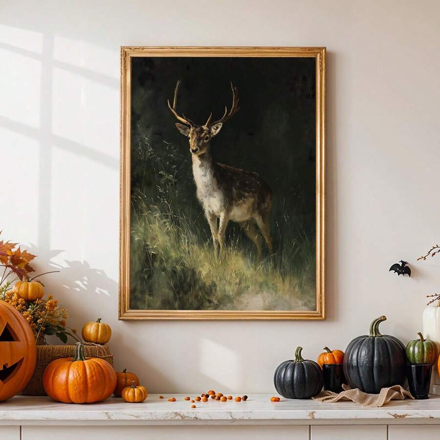 Forest stag painting styled with pumpkins and warm decor