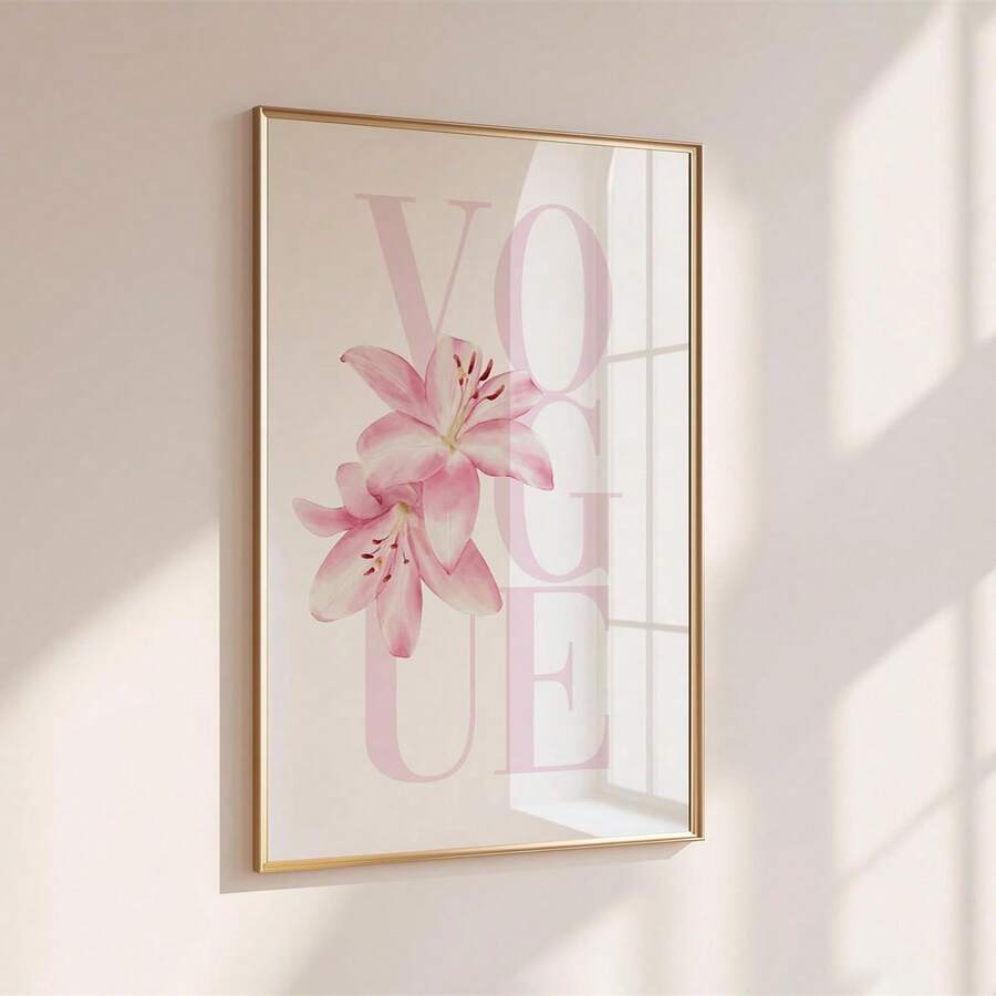 Pink lily wall art with pale VOGUE typography and floral design