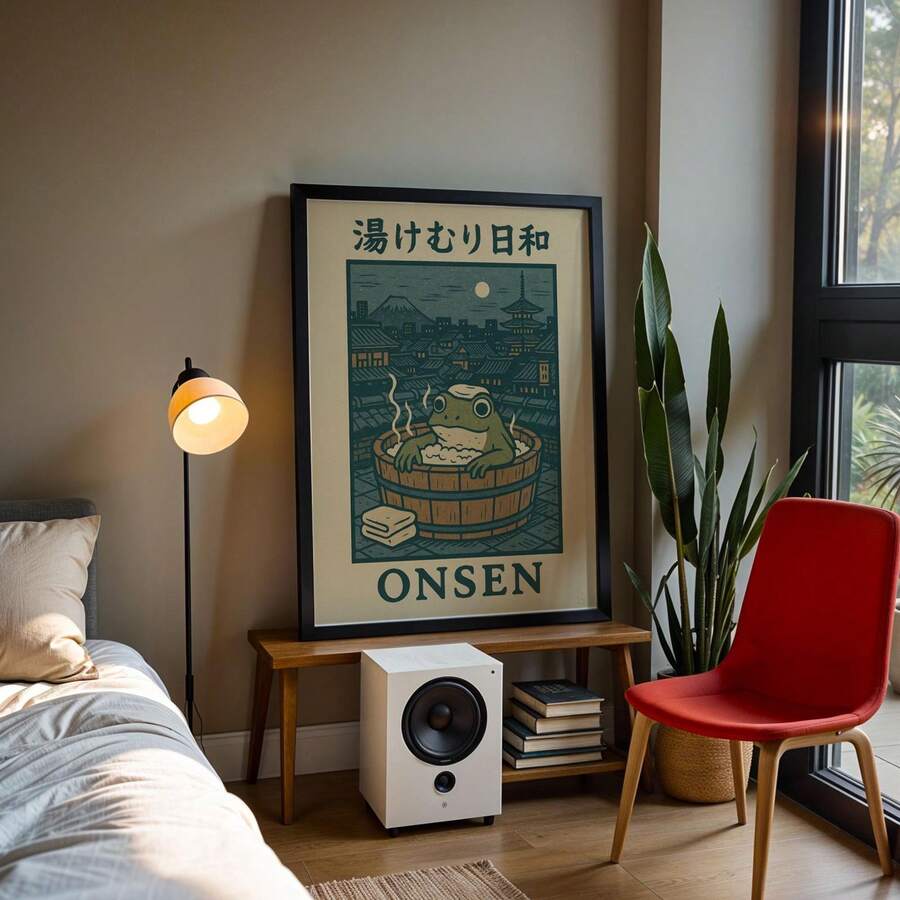 Black-framed onsen frog poster on a wood bench beside a lamp, books and red chair