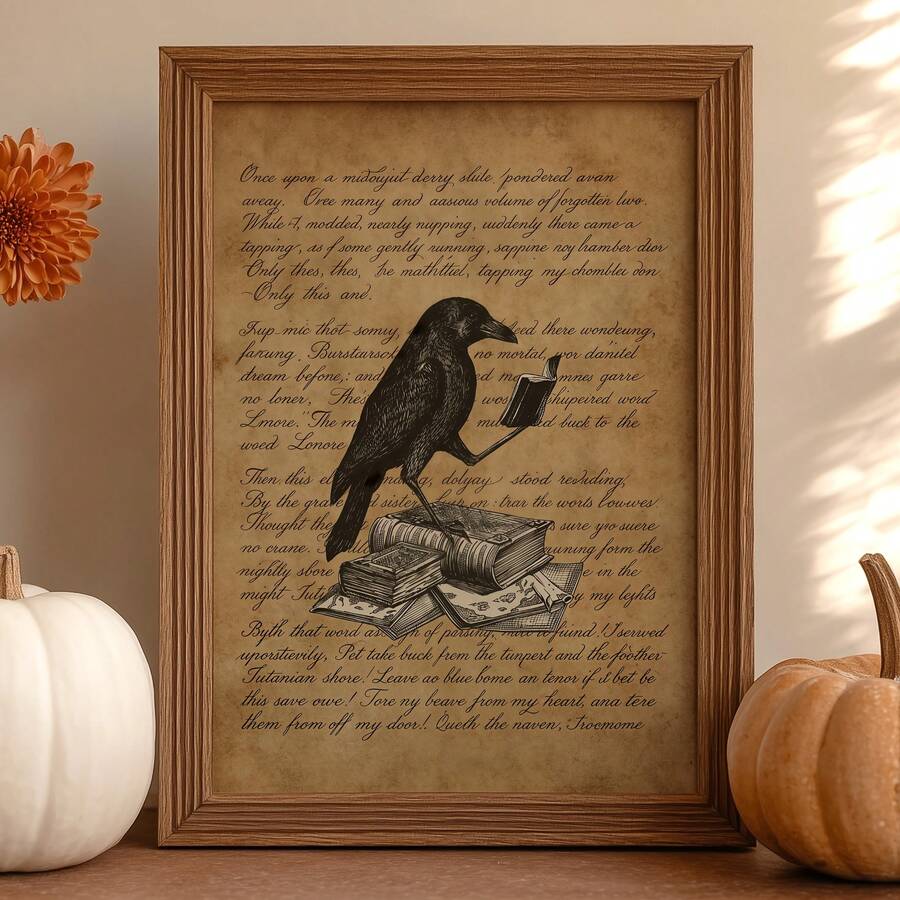 Raven and antique books canvas print in a sunlit autumn pumpkin display