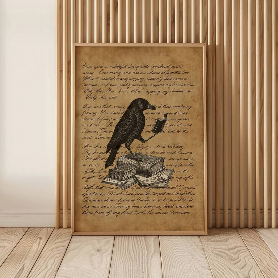 Gothic raven poster mockup leaning against a warm wood slat wall