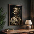 Anatomical skull artwork above a dark wood console