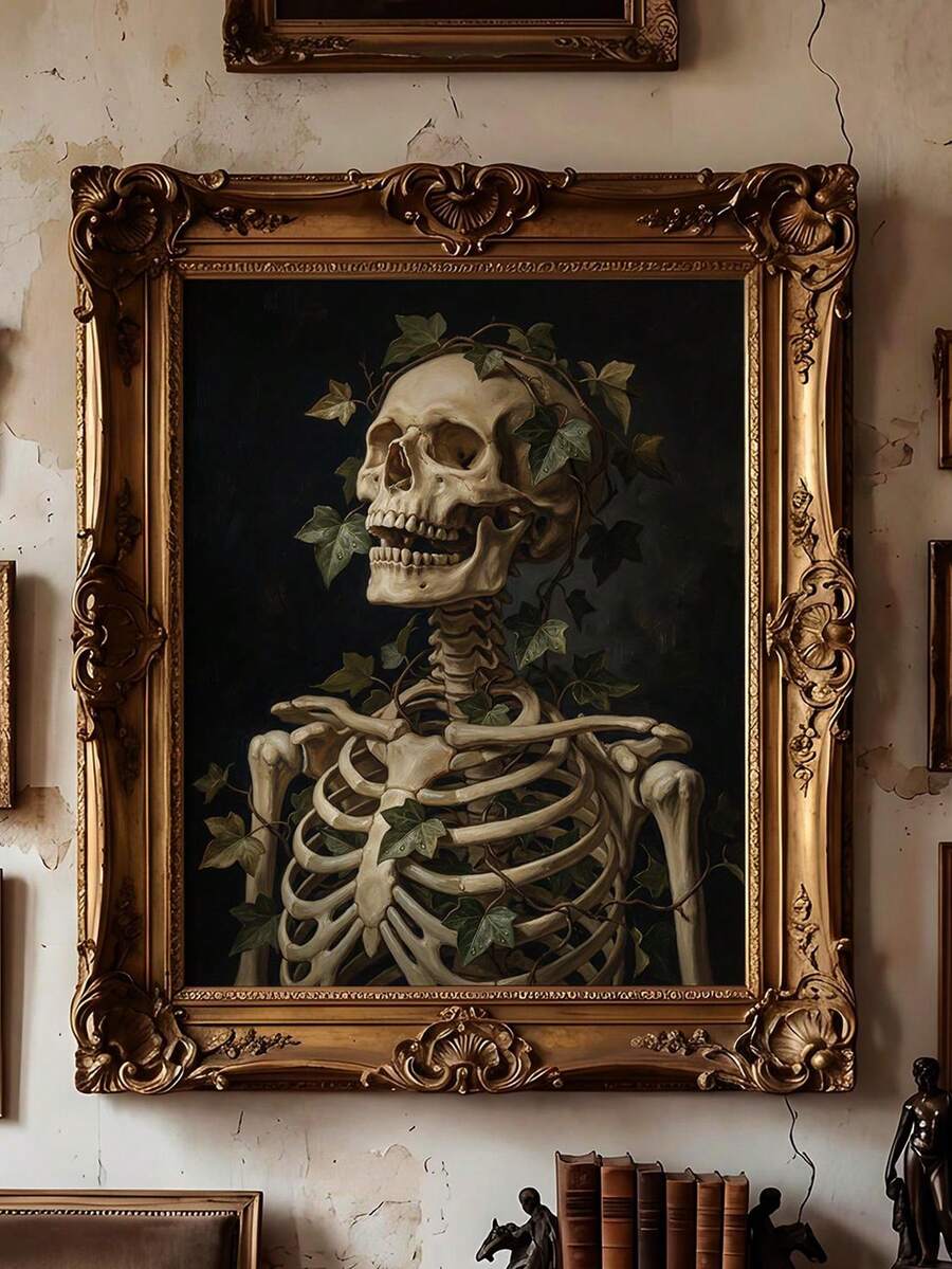 Gothic skull wall art with deep green ivy and ivory bones