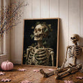 Macabre dark academia poster with dramatic black background