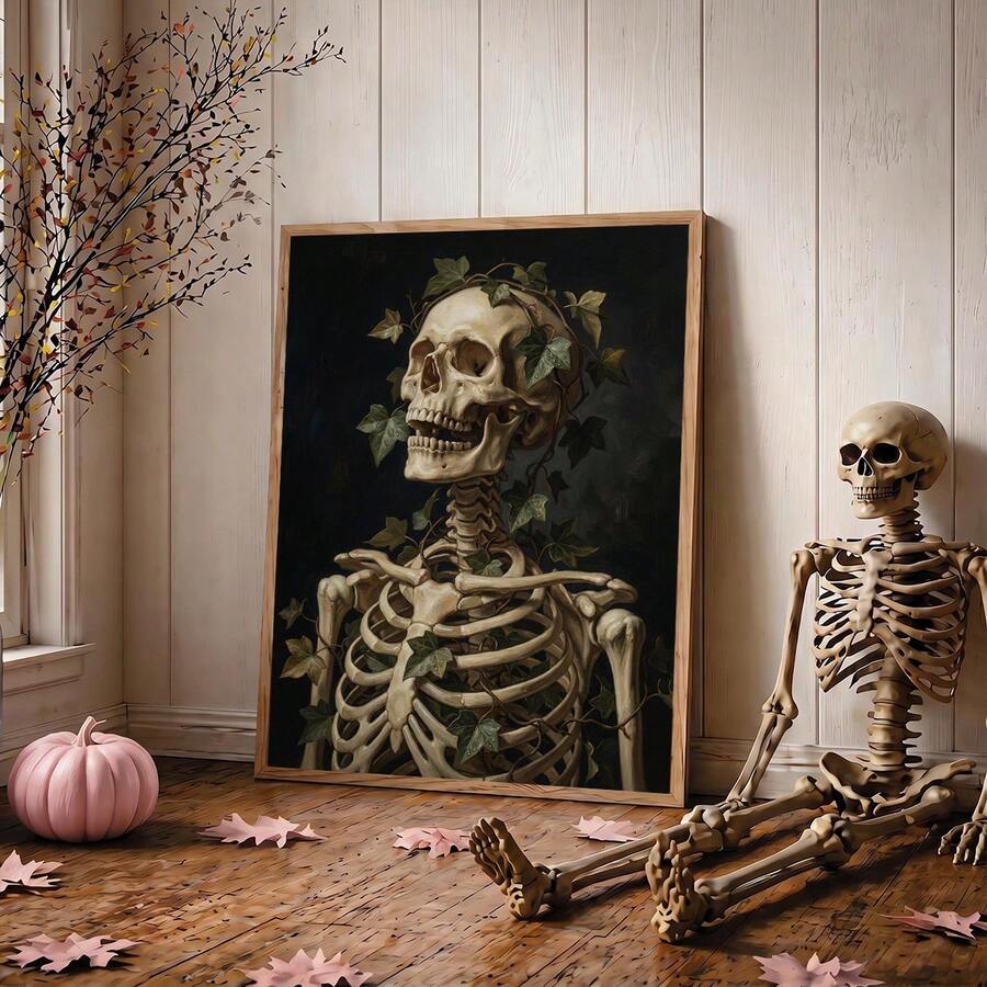 Macabre dark academia poster with dramatic black background